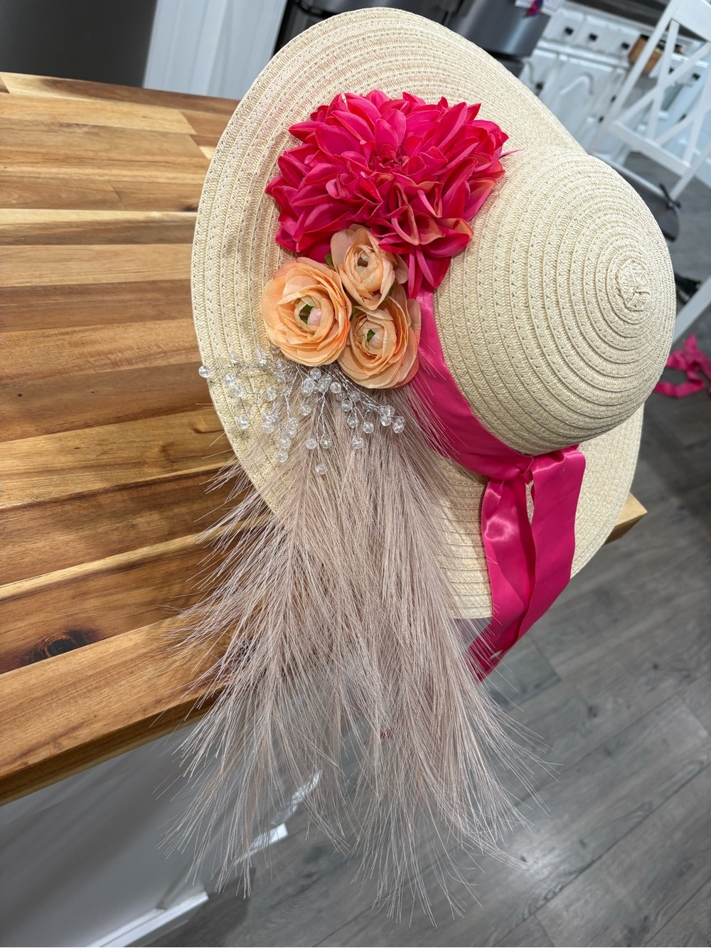 Wide Brim Straw Sun Hat with Pink Ribbon & Floral Accent